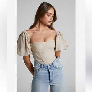 Showpo ESTELLA TOP - PUFF SLEEVE CORSET BUSTIER TOP IN SAND Size 4 NWT
